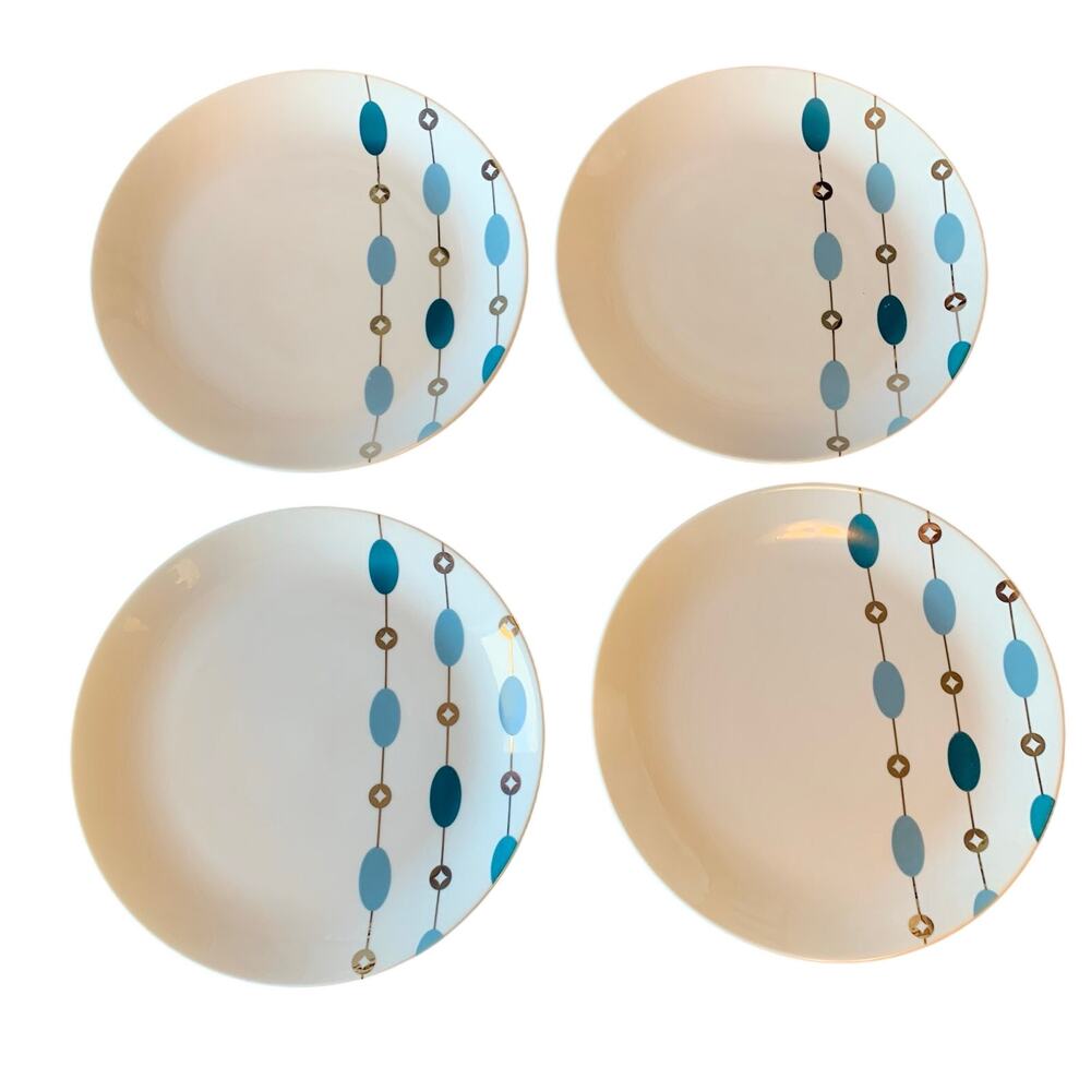 Pier 1 Beaded Garland Plates Salad Dessert Set of 4 Blue Silver 7 5/8" Christmas